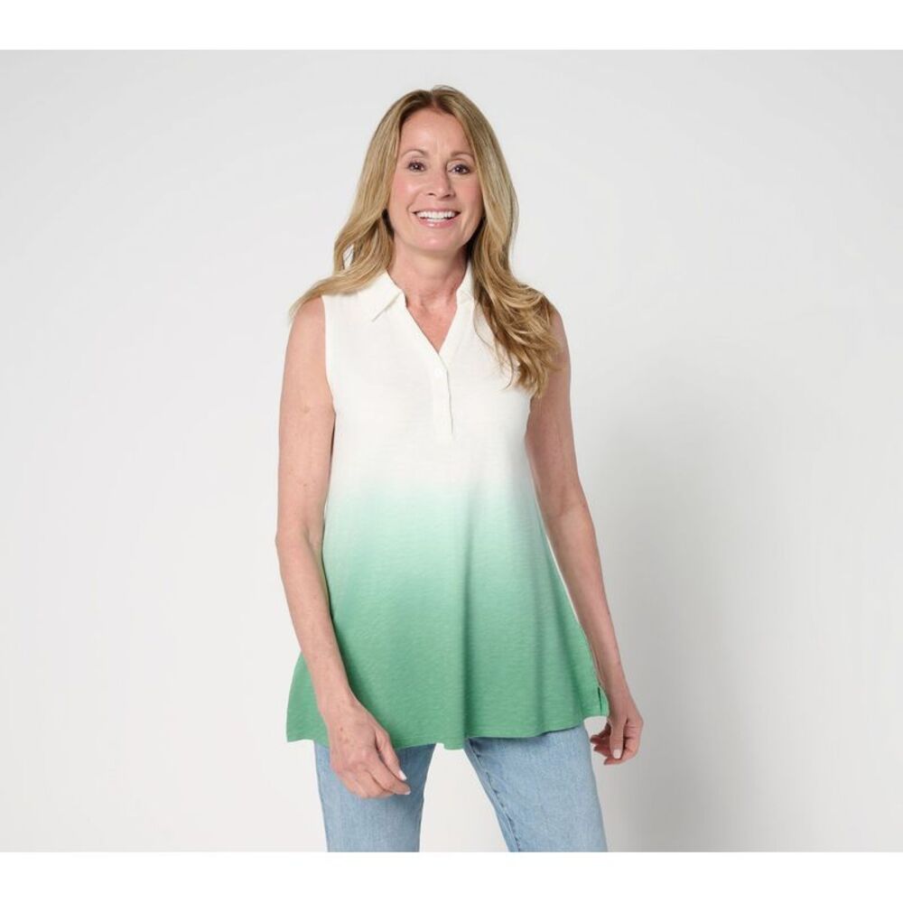 Denim & Co. Women's Top Sz L Slub Jersey Dip Dye Split Neck Multi-colored